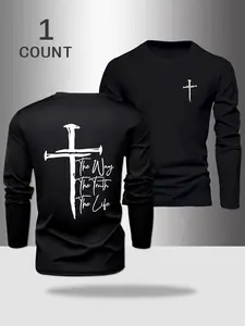 Men's Long Sleeve Round Neck T-Shirt, Letter Print Design, Polyester Material, Slight Stretch Fabric, Casual Fit for Spring & Outdoor Sports, Athletic Sports Clothing