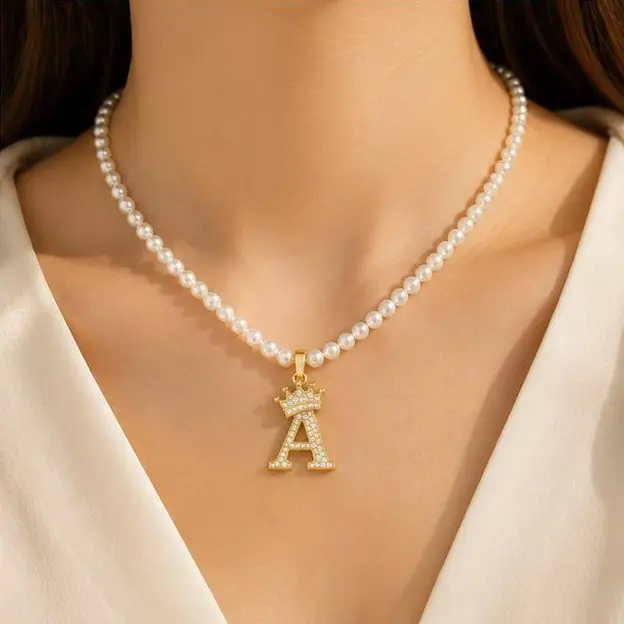 Luxury Crowned Letter A Charm Shell Pearl Beaded Necklace Adjustable Chain Ladies Jewelry