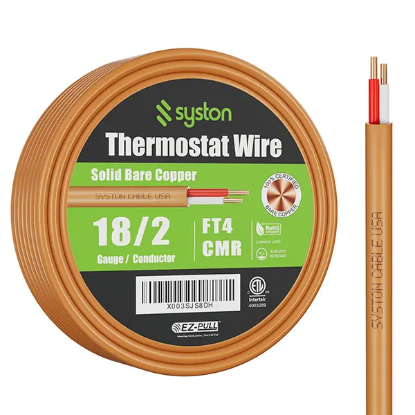 Syston 18AWG 2-Conductor CL3R Thermostat Control Cable 18/2 Solid Copper CMR Riser Rated Low Voltage Wire for HVAC Doorbells Heating Systems Alarm and Intercom Installations Indoor/Outdoor UV Resistant