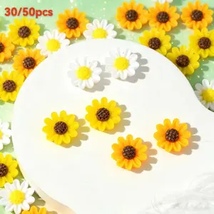 30-50 pieces of resin mini sunflower flat flower decorations, suitable for nail art and DIY crafts and accessories, party gifts, classroom rewards, gifts for Halloween, Easter, Thanksgiving, Christmas, birthdays, beaches and other themed activities.