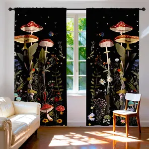 2pcs Dark Fantasy Mushroom Forest Floral Curtains, High Light Blocking Fabric, Eco-Friendly, Durable, Home Decor for Bedroom & Living Room
