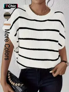 Casual Striped Pattern Crew Neck Batwing Sleeve Knit Top, Loose Fit Sweater for Spring and Fall, Comfortable Women's Fashion Knitwear