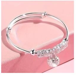 925 Silver Plated Adjustable Bell Charm Bangle, Lucky Rotating Bead Cuff Bracelet, Hypoallergenic Push-Pull Bangle for Women, Dainty Silver Bracelet, Romantic Gift for Her