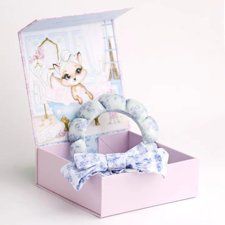 Soft & Lush Bubble Headband Set in Pink Floral Gift Box - Blue Plush Fabric for Comfortable Hair Management