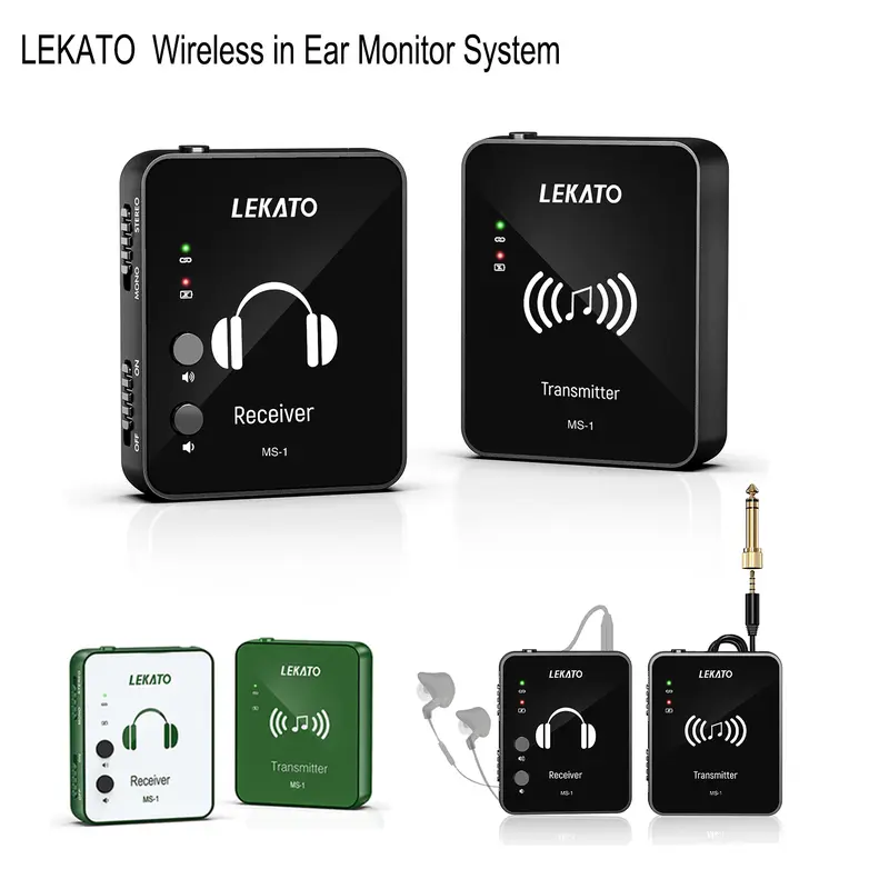 LEKATO Wireless In-Ear Monitor System 2.4G, Stereo Wireless IEM System with Transmitter Beltpack Receiver for Guitar MS-1, Automatic Pairing, for Studio, Band Rehearsal, Live Performance Christmas Gift