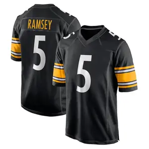 Pittsburgh Ramsey 5 Black/White/Gold Football Player Game Jerseys, Stitched Sports T-shirts Top for Men Women Youth Boys Girls