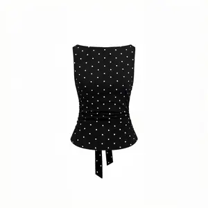 Cotton-blend Boat Neck Knotted Polka Dot Ruched Tank Top