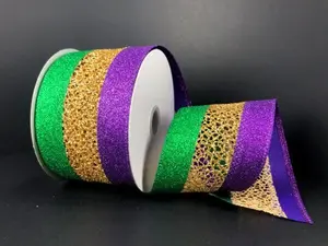 2.5"X10Y Gold Purple Green Glitter Net Glitter Edge Ribbon 75245-40-01