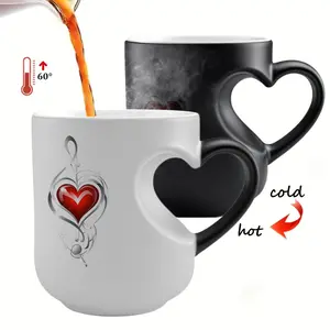 Thermosensitive Ceramic Mug - Heart-Shaped Handle, 11 oz / 330 ml, Color-Changing Coffee Cup from Hot to Cold, Reusable, Non-Slip, Perfect Gift for Mother's Day or Festivals, Suitable for Hot & Cold Drinks, Thermal Insulated Mug
