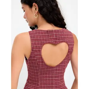Cider Cotton Boat Neck Plaid Backless Cut Out Tank Top