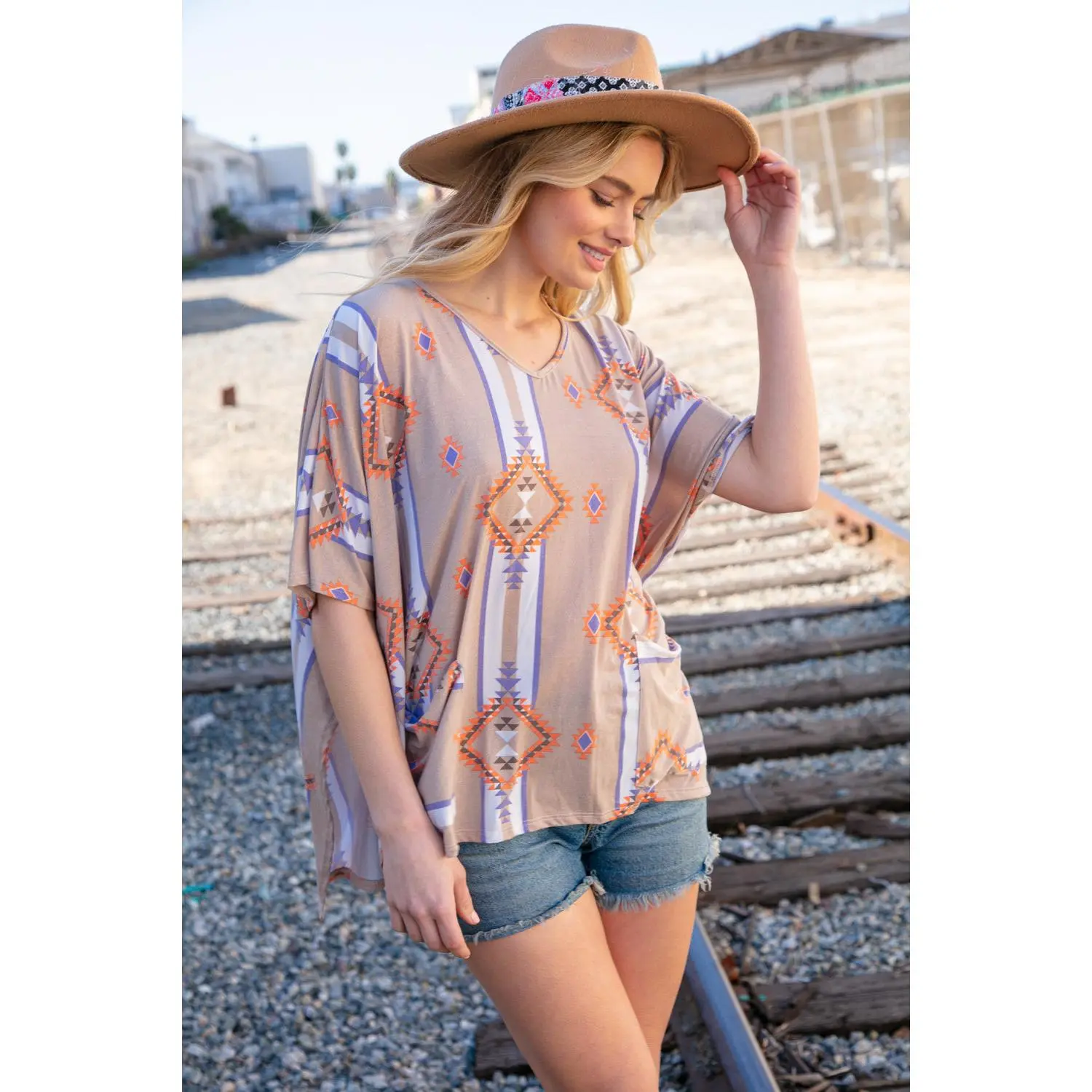 Taupe Mixed Aztec Front Pocket Poncho Top