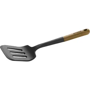 Silicone Spatula Turner, Angled for Lifting Pancakes, Sandwiches & Picking up Veggies, Durable BPA-Free Matte Black Silicone with Acacia Wood Handles, Safe for Nonstick Cooking Surfaces