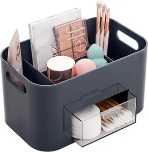 STORi Bliss Grey Makeup Organizer for Countertop Divided Bathroom Organizer & Storage Drawer Plastic Bin with Removable Drawer and Side Compartments Made in USA