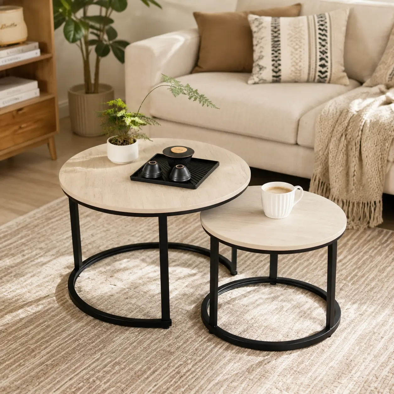 Round Nesting Table Set, Industrial 2-Piece Circle Coffee End Tables with Heavy Duty Metal Frame, Easy Assembly 110 lbs Load Nightstand for Small Spaces