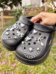 10pcs Cute Silver Color Bow Heart Star Shoe Decorations, DIY Alloy Chain Accessory, Fun Multifunctional Personalized Footwear, Perfect Gift, Chain Shoes Charms, Shoe Embellishment Set