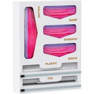 Bamboo Bag Organizer with Magnetic Closure, 6 In 1 Kitchen Drawer Foil and Plastic Wrap Dispenser with Cutter, Storage bag for Gallon, Quart, Sandwich, Snack White