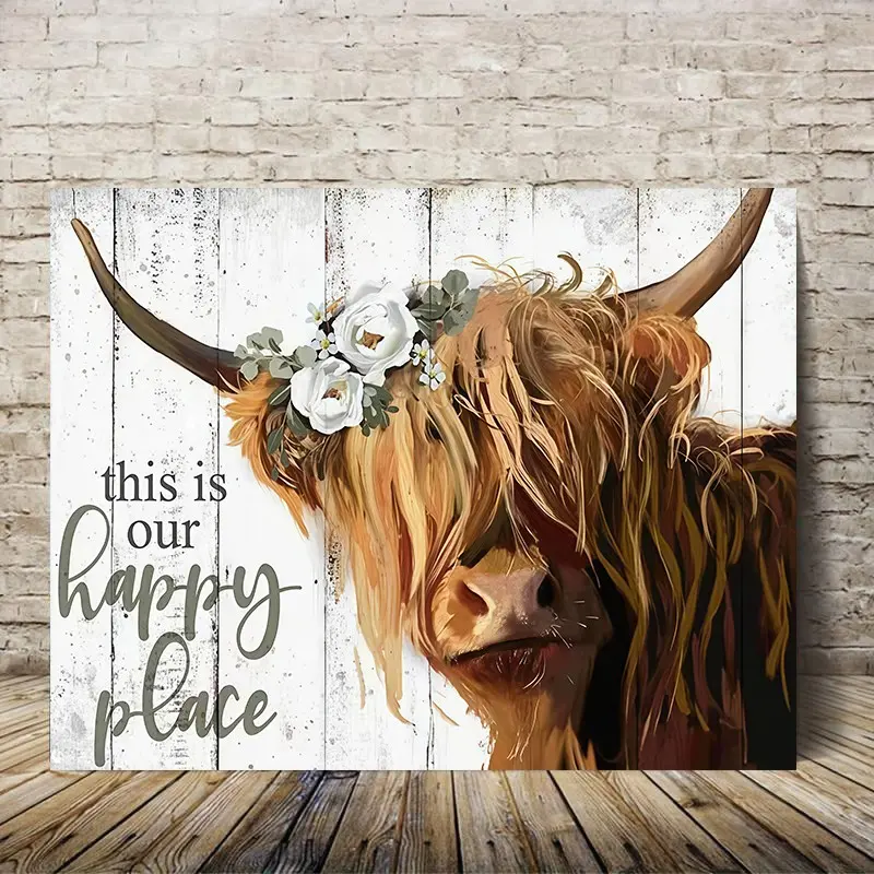 Highland cow canvas, "This Is Our Happy Place," framed canvas oil painting, pine frame, cow pattern, hand-painted artwork, Aesthetic Wall Decor, perfect gift for vintage country home and office décor.