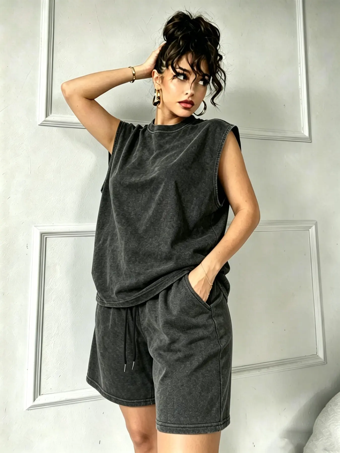 Women's Washed Black 2 Piece Outfit, Casual Sleeveless Tank Top and Drawstring Bermuda Shorts Set, Loose Fit Loungewear Tracksuit, Soft Comfy Co-ord Set for Daily Wear, Streetwear, and Relaxed Days, Trendy Summer Matching Set