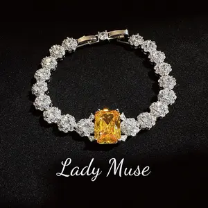 925 Silver Lab-created yellow diamond bracelet#retangle gem with radiant cut/graceful shiny luxury/ lavish present,anniversary gift,formal occasions