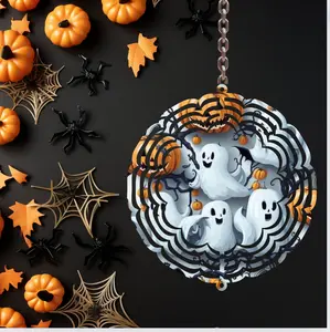 8-Inch UV-Coated Aluminum Kinetic Wind Spinner, Whimsical Weather-Resistant Ghosts & Pumpkins Garden Decor Ornaments, Decorative Stakes & Wind Spinners, Easily Fanned Open
