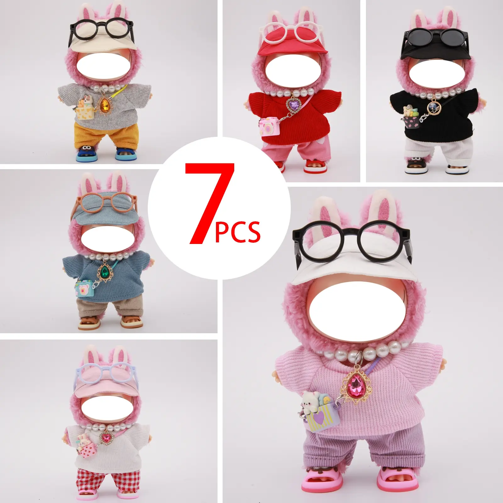 Labubu Doll Set, Fits Generations One Two Three, 15-17cm Doll Clothing Set, Includes Glasses Hat Top Necklace Pants Bag Shoes, Doll Outfit