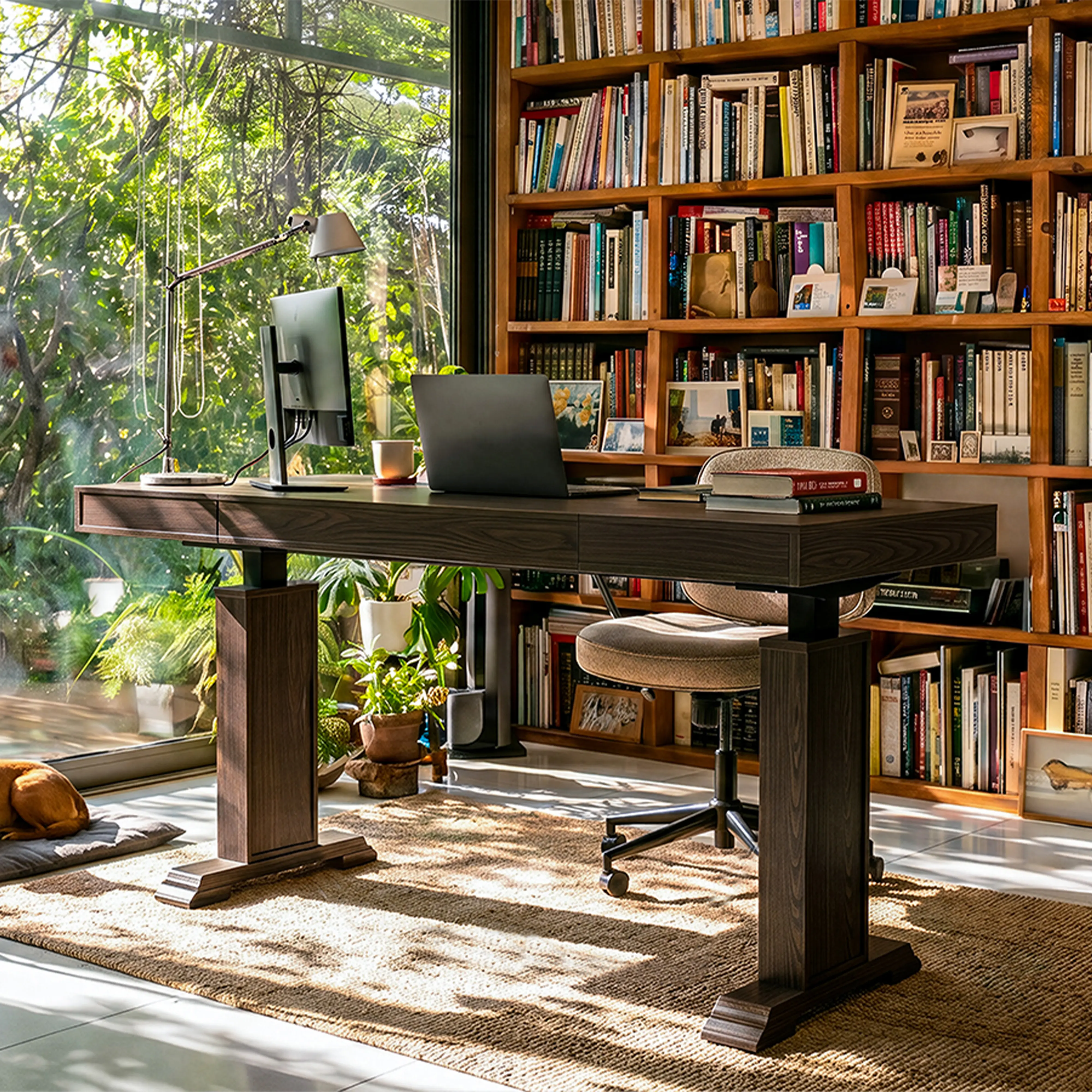 FUFU&GAGA 63 Inch Electric Height‑Adjustable Standing Desk, 4‑Memory Presets Wooden Sit‑Stand Desk, 3.5" Thick Tabletop Pedestal Base Home Office Desk, Dark Wood Grain