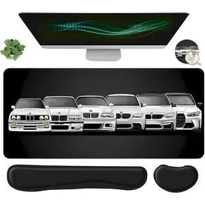 4pcs BMW Car Evolution Design Mouse Pad + Keyboard Wrist Rest + Ergonomic Mouse Pad + Coaster Set, Office Accessories Set with Ergonomic Wrist Support, Computer Mat for Desktop Decoration, Suitable for Home Office Gaming, Desktop Accessory