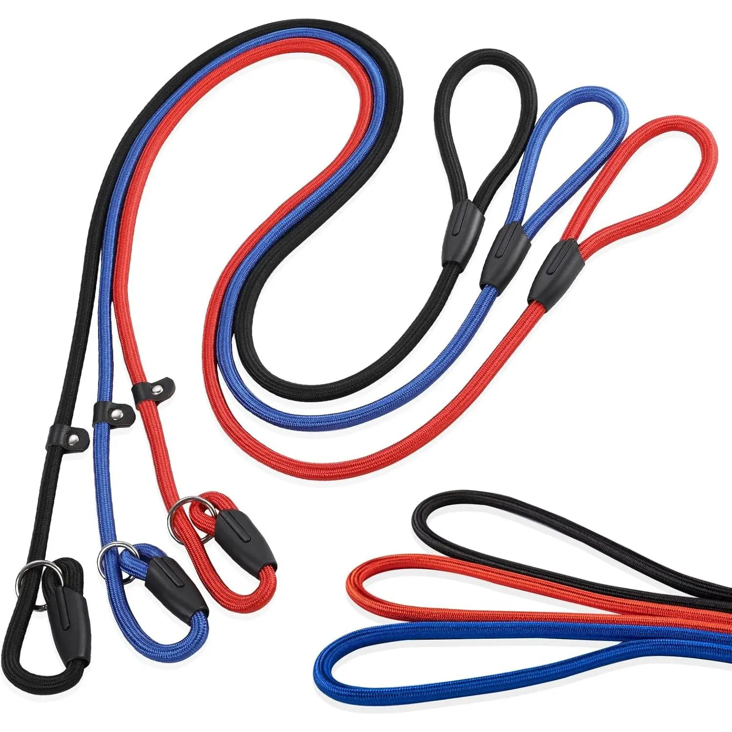 3-Pack Adjustable Nylon Dog Slip Leash Set (Red/Black/Blue) – 10mm Heavy Duty Mixed Textile Lead, 1.4m with Visibility Boost & Adjustable Loop for Training & Daily Walks