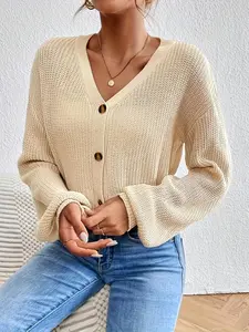 Elegant Fashion Knit Cardigan Sweater, Long Sleeve Casual Essential for Spring Fall Winter, Buttoned Daily Wear, Solid Color
