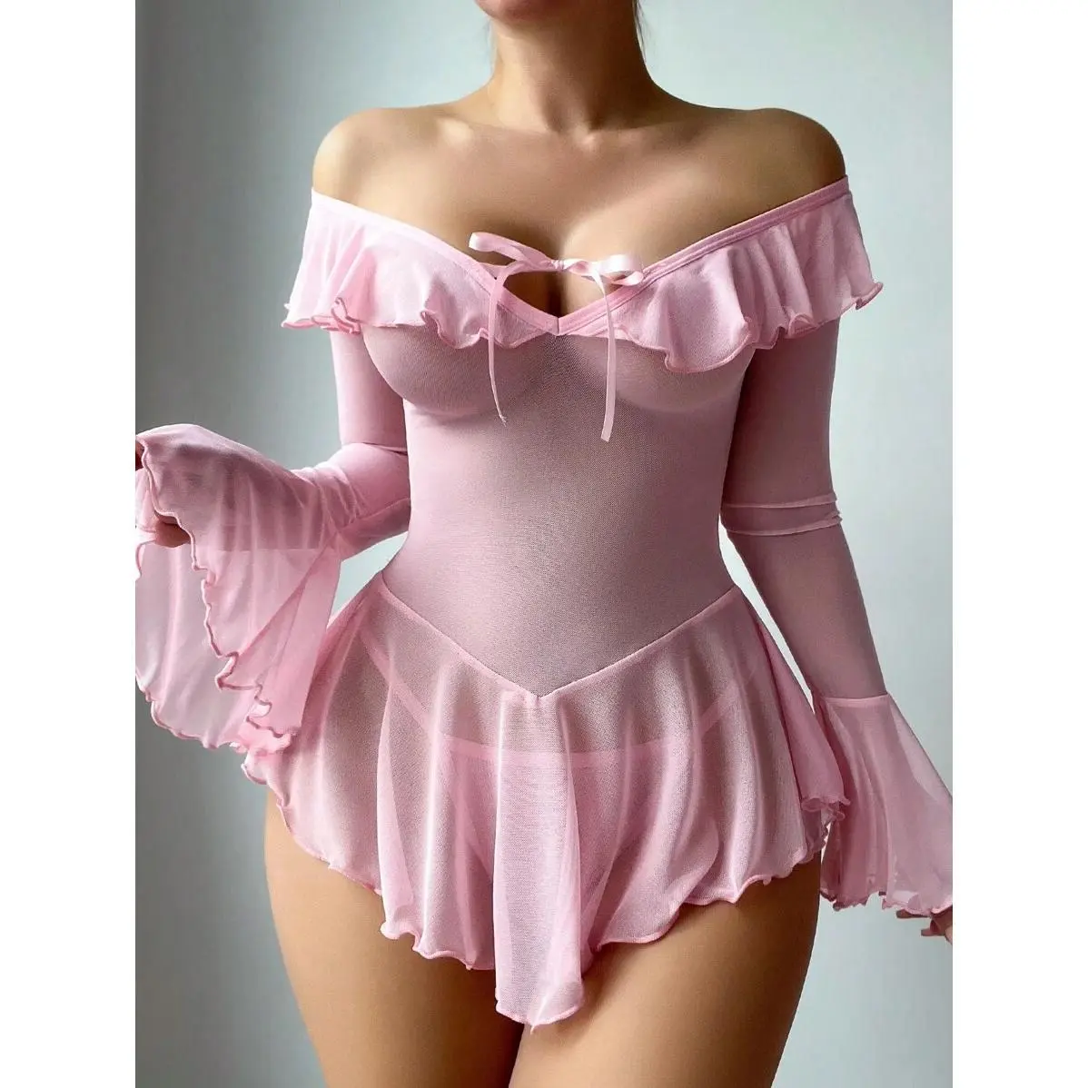 Women's 2-Piece Knitted Loungewear Set - Off-Shoulder Long Sleeve Top with Pleated Mesh, Bralette, Breathable Elastane Fabric for Valentine's Day Parties