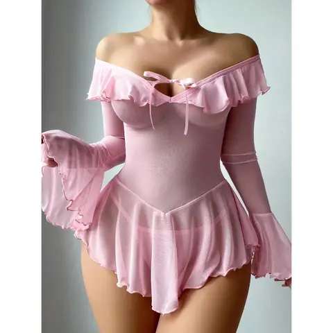 Women's 2-Piece Cute Fitted Cupro Off-Shoulder Long Sleeve Knit Loungewear Set with Mesh Detail - Nightwear