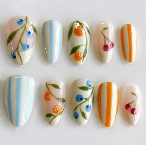 Chic Nail Studio Summer Berry Stripes Press-On Nails, Hand-Painted Blueberry, Cherry & Orange Fruits, Blue & Orange Vertical Lines, Fresh Picnic Vibes, Custom Nail Art, Handmade Fruity Set
