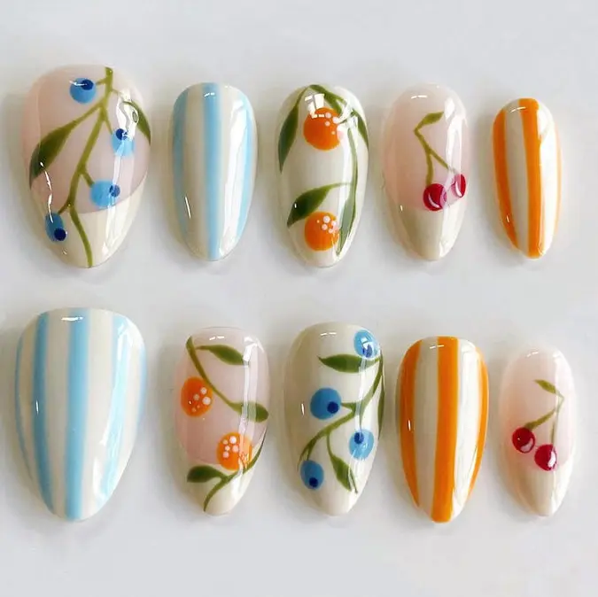 Chic Nail Studio Summer Berry Stripes Press-On Nails, Hand-Painted Blueberry, Cherry & Orange Fruits, Blue & Orange Vertical Lines, Fresh Picnic Vibes, Custom Nail Art, Handmade Fruity Set