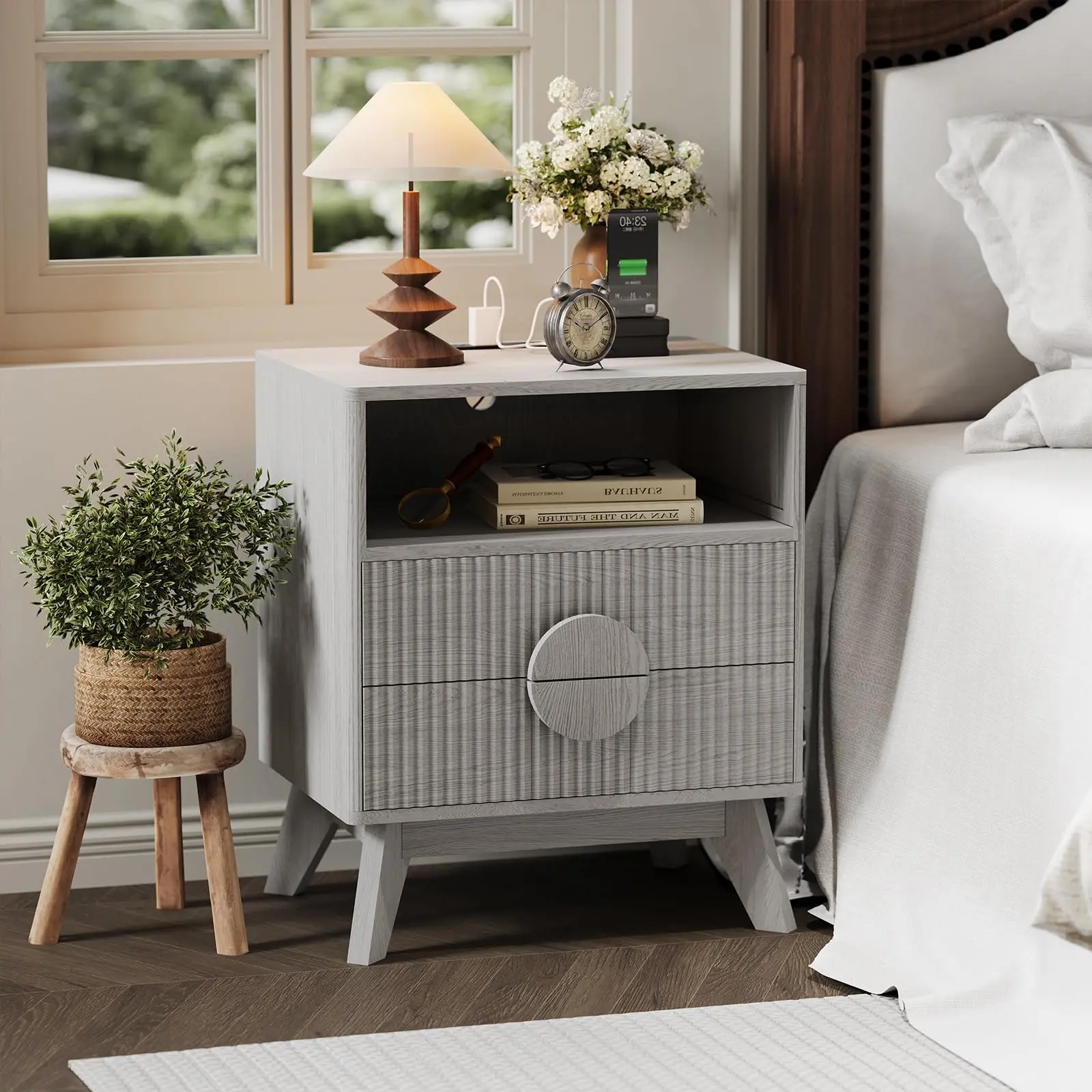 Garvee Modern Striated Nightstand, Wooden Nightstand with Charging Station, Drawers and Storage Shelf for Living Room and Bedroom