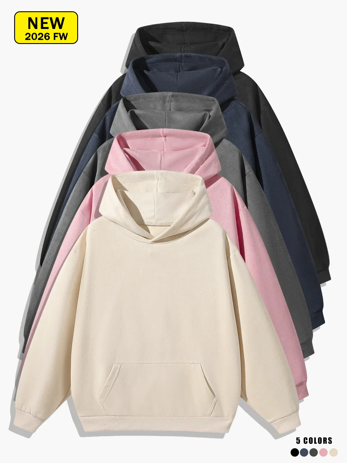 Unisex loose-fit hoodie sweatshirt, solid color drop-shoulder long sleeves, kangaroo pocket casual hooded top, streetwear basic top