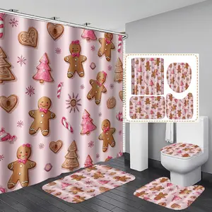 1/3/4PCS Cuted Christmas items like gingerbread men and trees on pink Shower Curtain Set with Rugs, Non Slip Bath Mat, U-Shape Carpet, Toilet Lid Cover, Polyester Fabric Bathtub Curtain Accessories, 12 Hooks, Home Bathroom Festival Decor