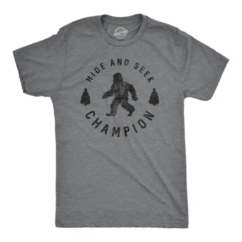 Mens Hide and Seek Champion T shirt Funny Bigfoot Tee Humor Cool Graphic Print Mens Funny T Shirts Cool Vintage Graphic Tees Funny Camping Short Sleeve Novelty Tees for Guys Dark Grey