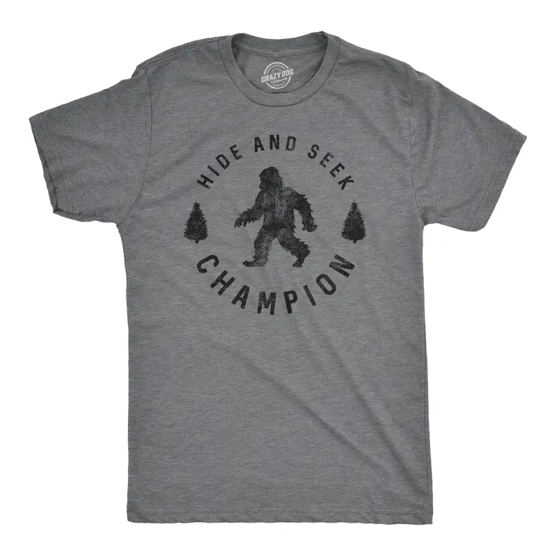 Mens Hide and Seek Champion T shirt Funny Bigfoot Tee Humor Cool Graphic Print Mens Funny T Shirts Cool Vintage Graphic Tees Funny Camping Short Sleeve Novelty Tees for Guys Dark Grey