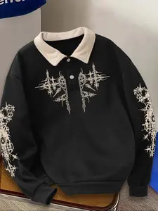 Men's Fall Winter Floral Print Polo Neck Sweatshirt, Casual Outdoor Fitted Long Sleeve Pullover, Trendy Half Button Design