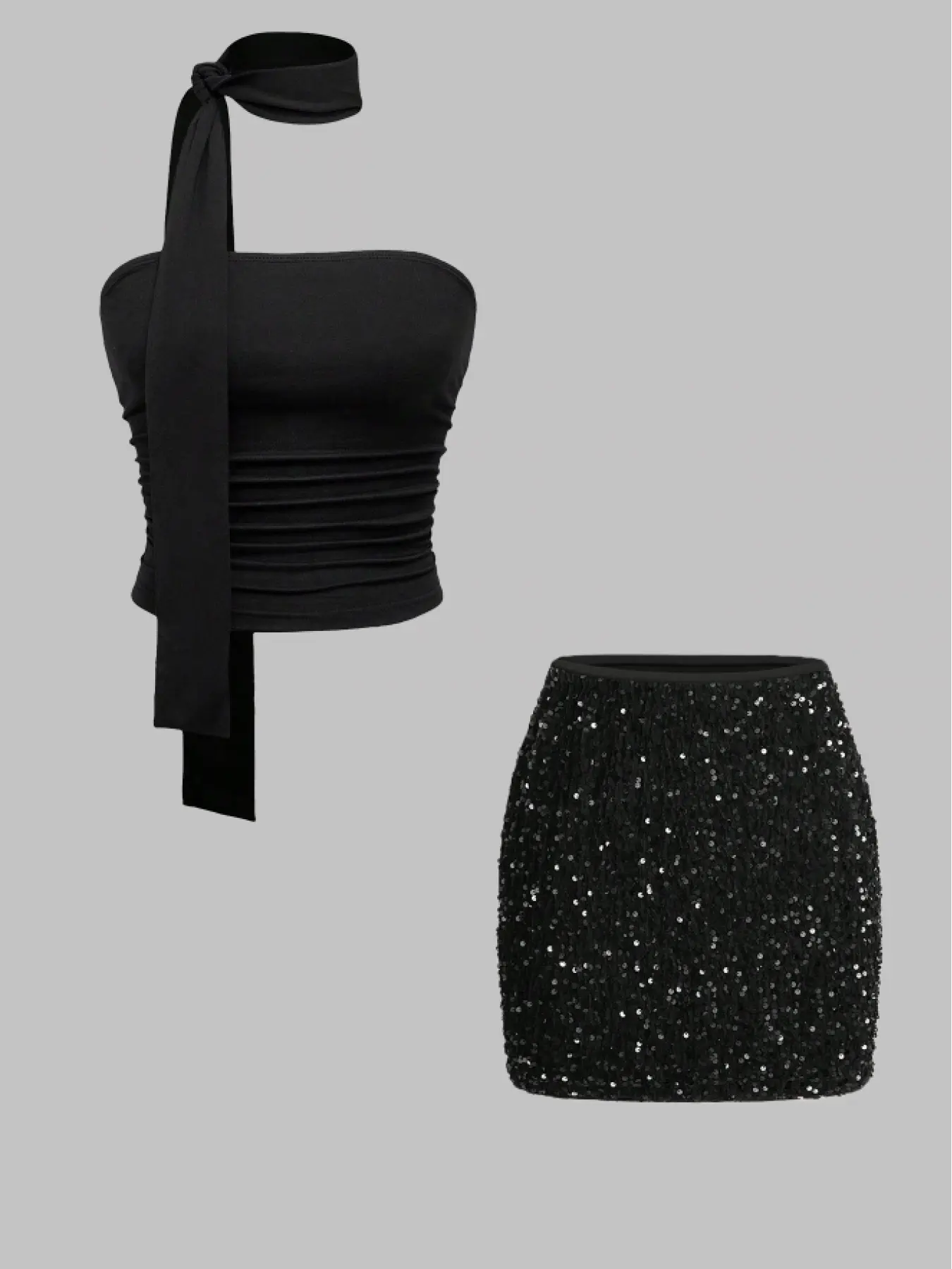 Women's Sexy Shiny Outfit English Ecommerce Translation Party Shiny Outfit! Women's Sexy Wrap Strapless Crop Top & Shiny Midi Skirt Set, Perfect for Valentine's Day, Music Festivals, Parties, Gatherings & Multiple Occasions