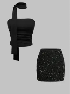 Women's Sexy Shiny Outfit English Ecommerce Translation Party Shiny Outfit! Women's Sexy Strapless Crop Top & Shiny Midi Skirt Set, Perfect for Valentine's Day, Music Festivals, Parties, Gatherings & Multiple Occasions