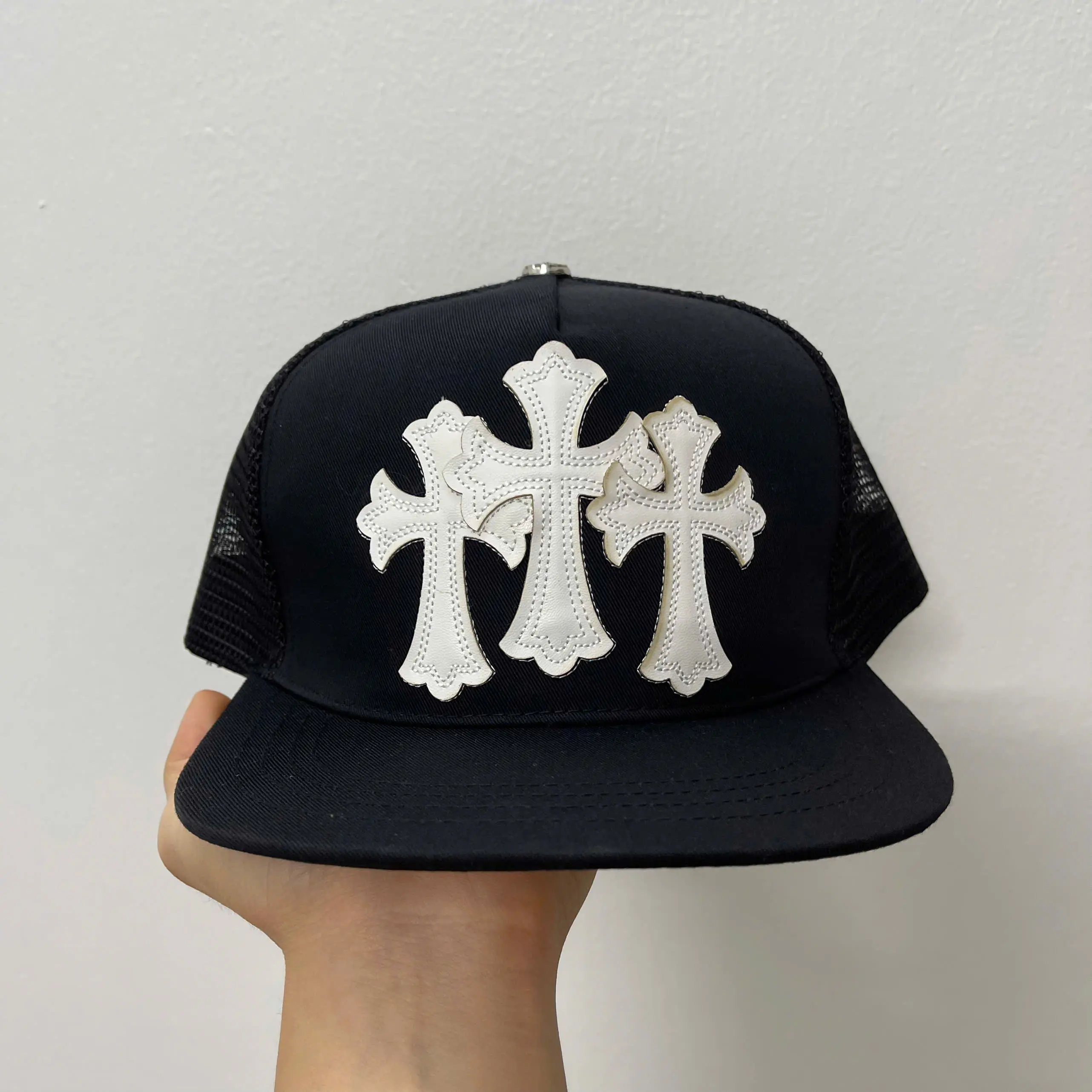 Black Cross Design Trucker Hat with White Crosses and Mesh Backing for Men