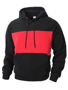 Men's Fall Winter Outfits Fleece Hoodie for Daliy Wear, Colorblock Patchwork Design, Large Pocket, Drawstring Hooded Sweatshirt, Casual Sporty Style