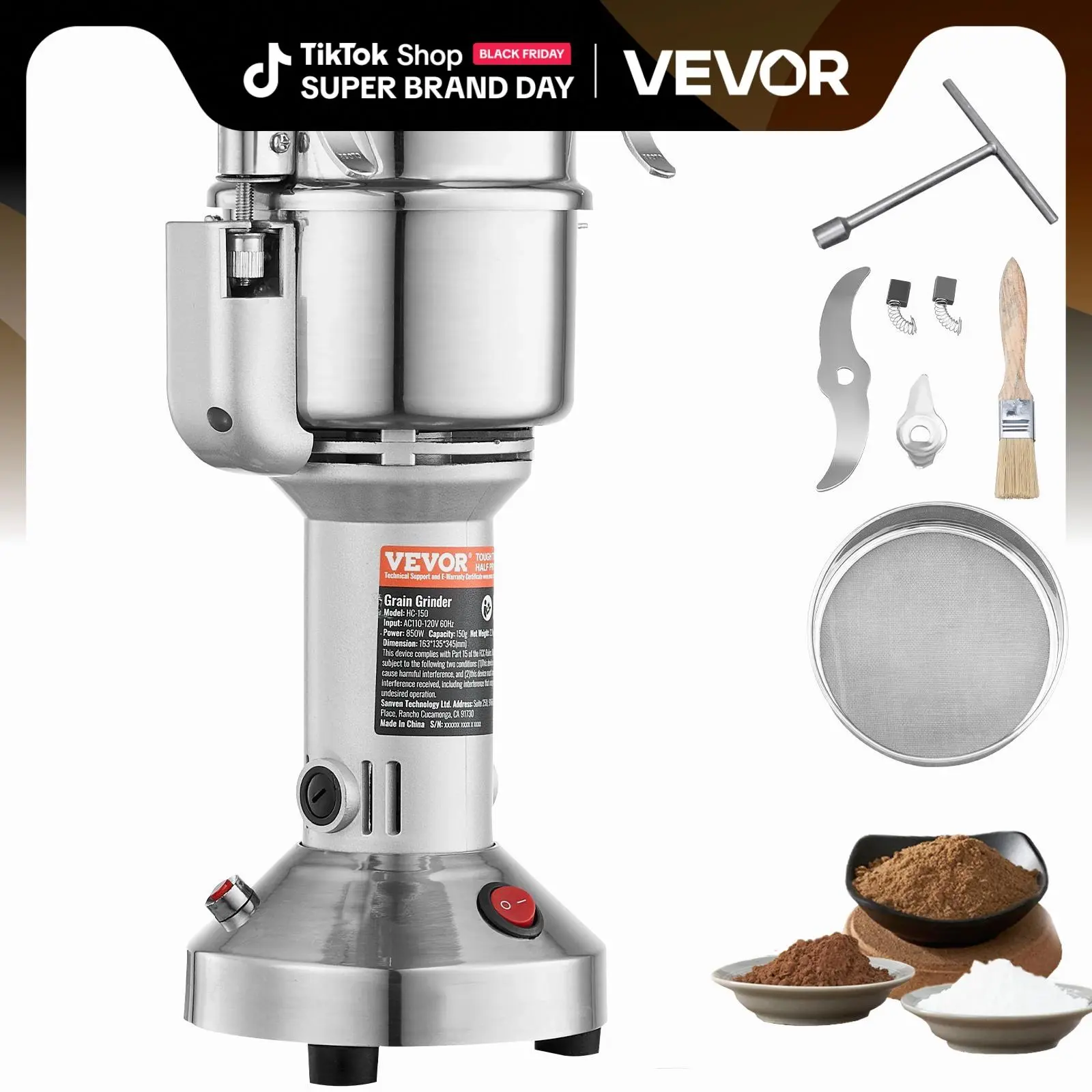 【Summerfinds】VEVOR 750g/550g/300g/150g  Electric Grain Mill Grinder,  , High Speed 2000W Commercial Spice Grinders, Stainless Steel Pulverizer Powder Machine, for Dry Grains Spices Cereals Coffee Corn Pepper, Straight Type