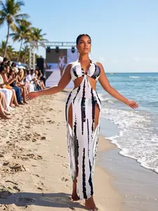 Women’s Black & White Swimsuit Set, Cutout Halter Bikini Top with High Slit Maxi Cover Up, Sexy Beach Pool Party Swimwear