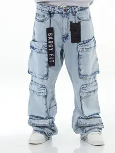 STYLO Men's Baggy Cargo Pocket Denim Jeans , Loose Fit Wide Leg  Casual Bottoms All Seasons - Fabric