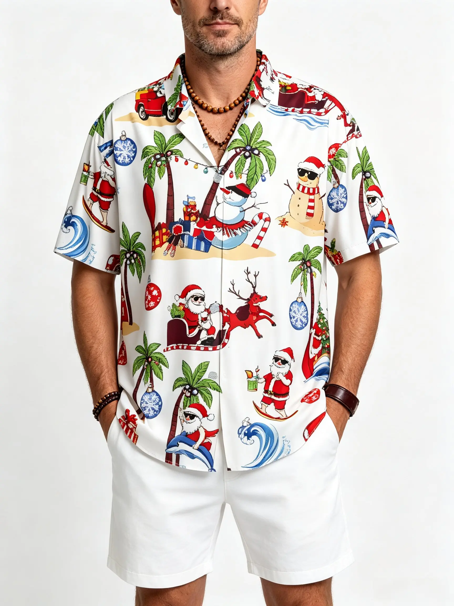 Christmas in July Shirt for Men Christmas Hawaiian T-Shirt Santa Claus Summer Beach Button Down Tops Xmas Holiday Lightweight Casual Top Inclusive Size 2XS-6XL