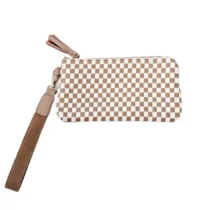 Woven Clutch Wristlet - Tan Check Vegan Leather with Inside Wristlet Strap & Card Holder for Convenience