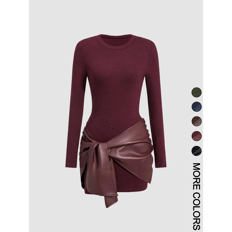 Women's Patchwork Knot Side Dress, Casual Fashion Long Sleeve Dress for ...