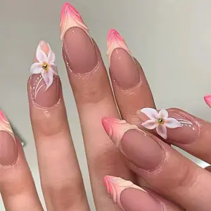 French Tip Press on Nails Almond - Press on Nails Medium, Acrylic Fake Nails Nude 3D Flower Design Nails Clear False Nail Tips-24Pcs Foccna